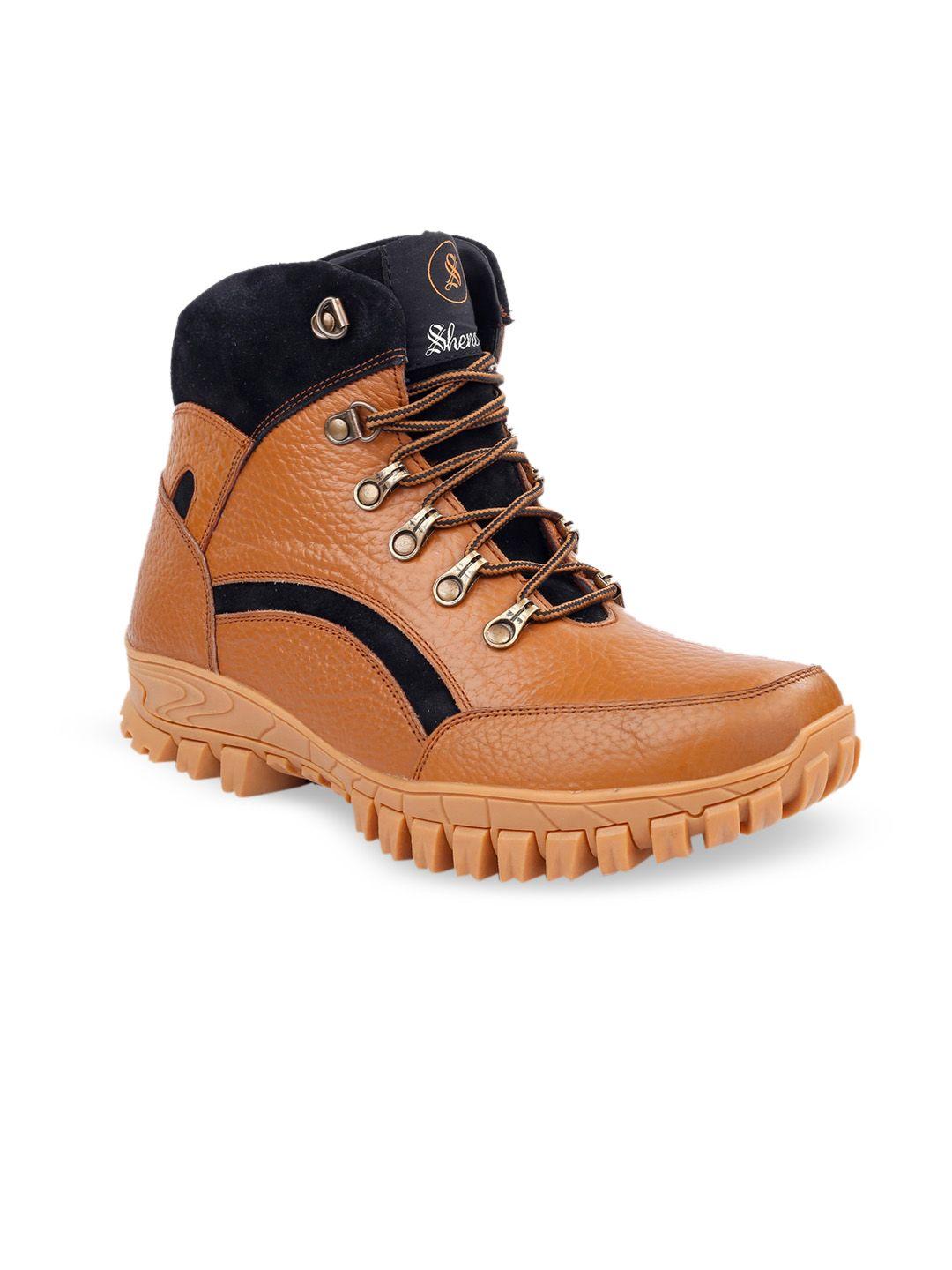 shences men tan brown & black mid topleather flat boots