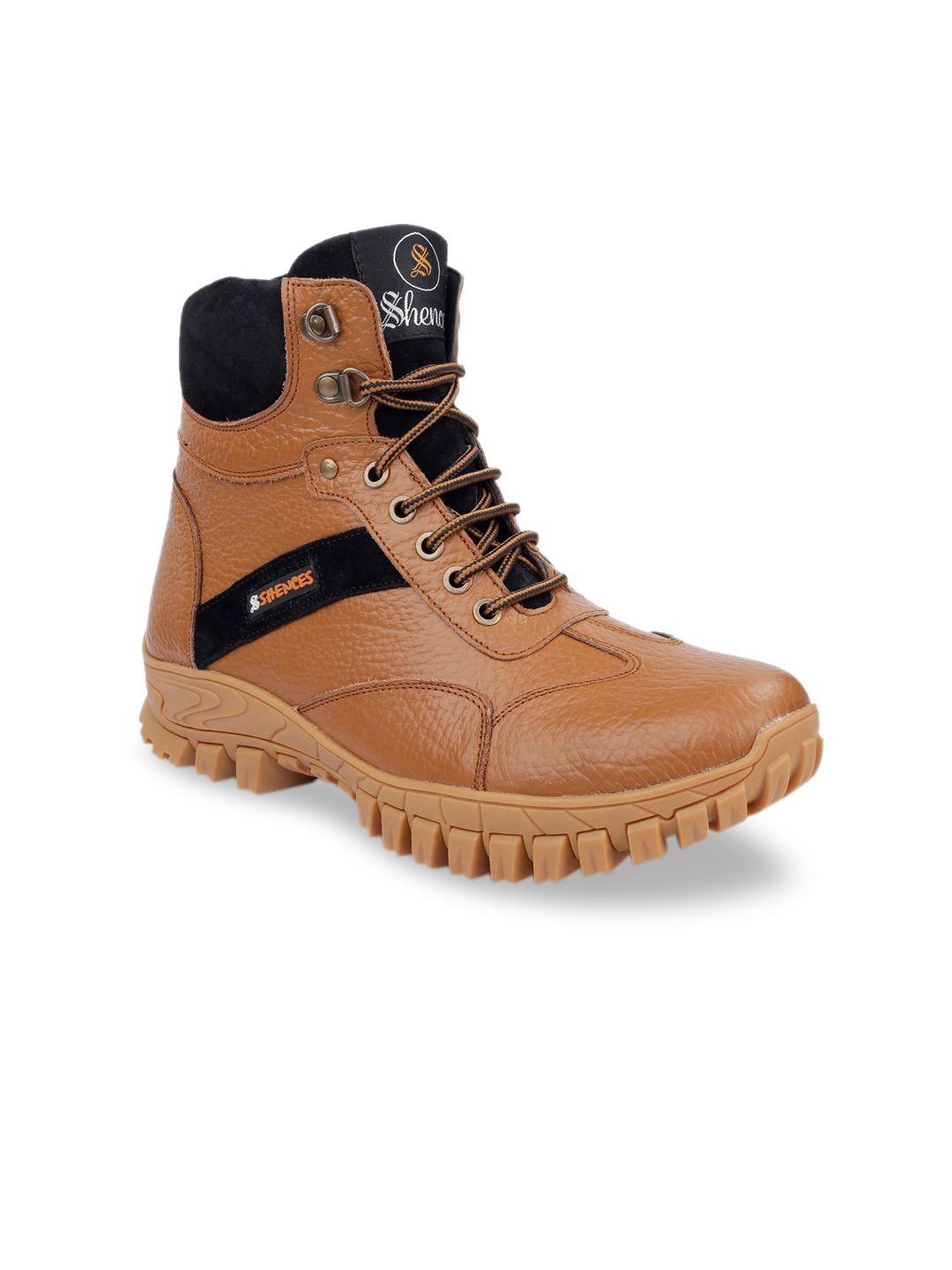 shences men tan brown colourblocked high top leather trekking shoes