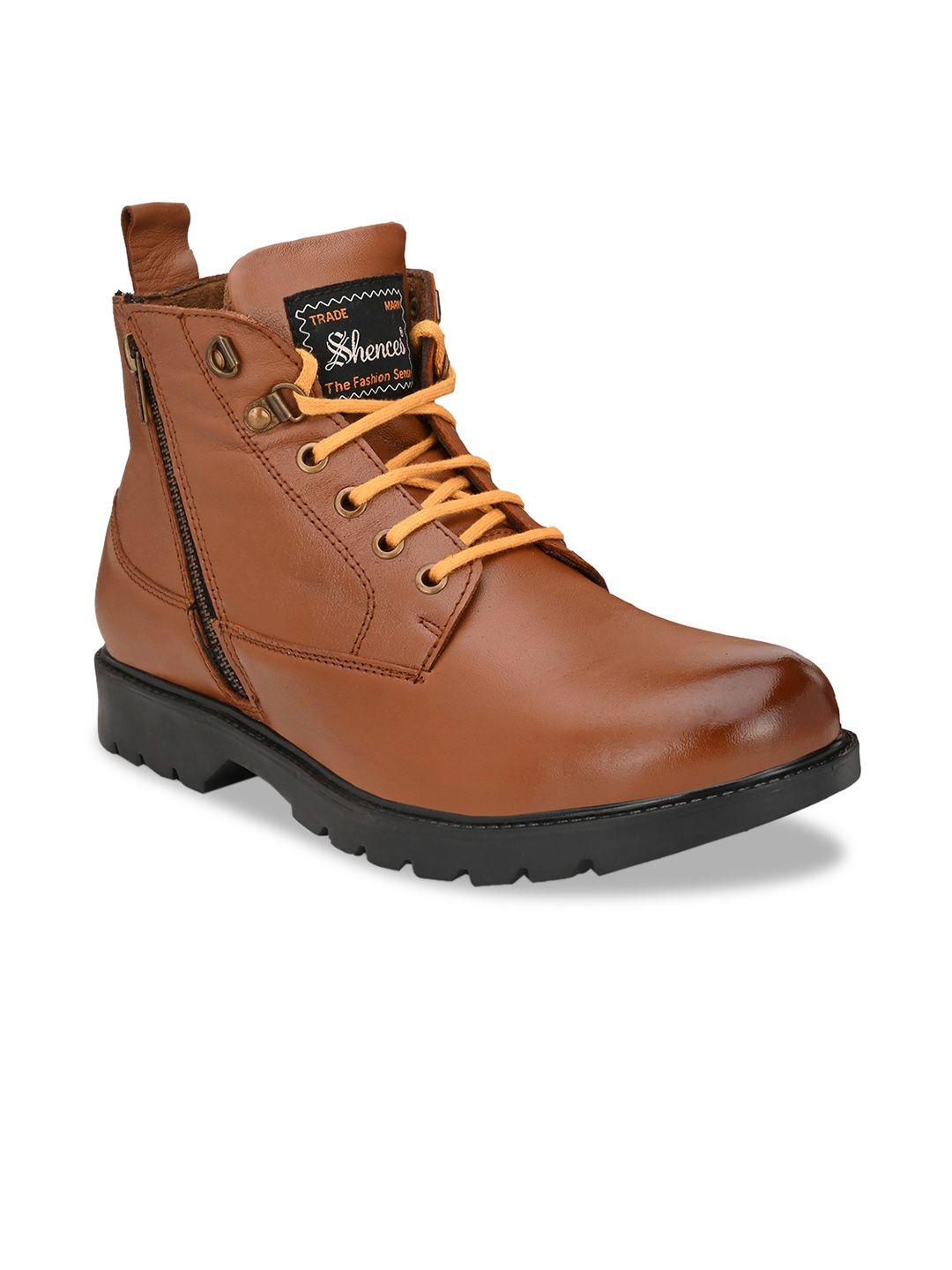 shences men tan brown solid leather mid-top flat boots