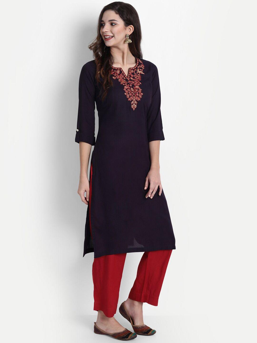 shereen women navy blue & red embroidered yoke design thread work kurta