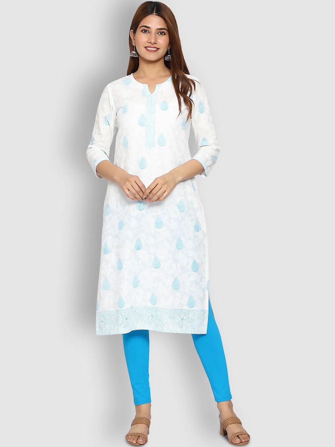 shereen women white & blue ethnic motifs printed kurta