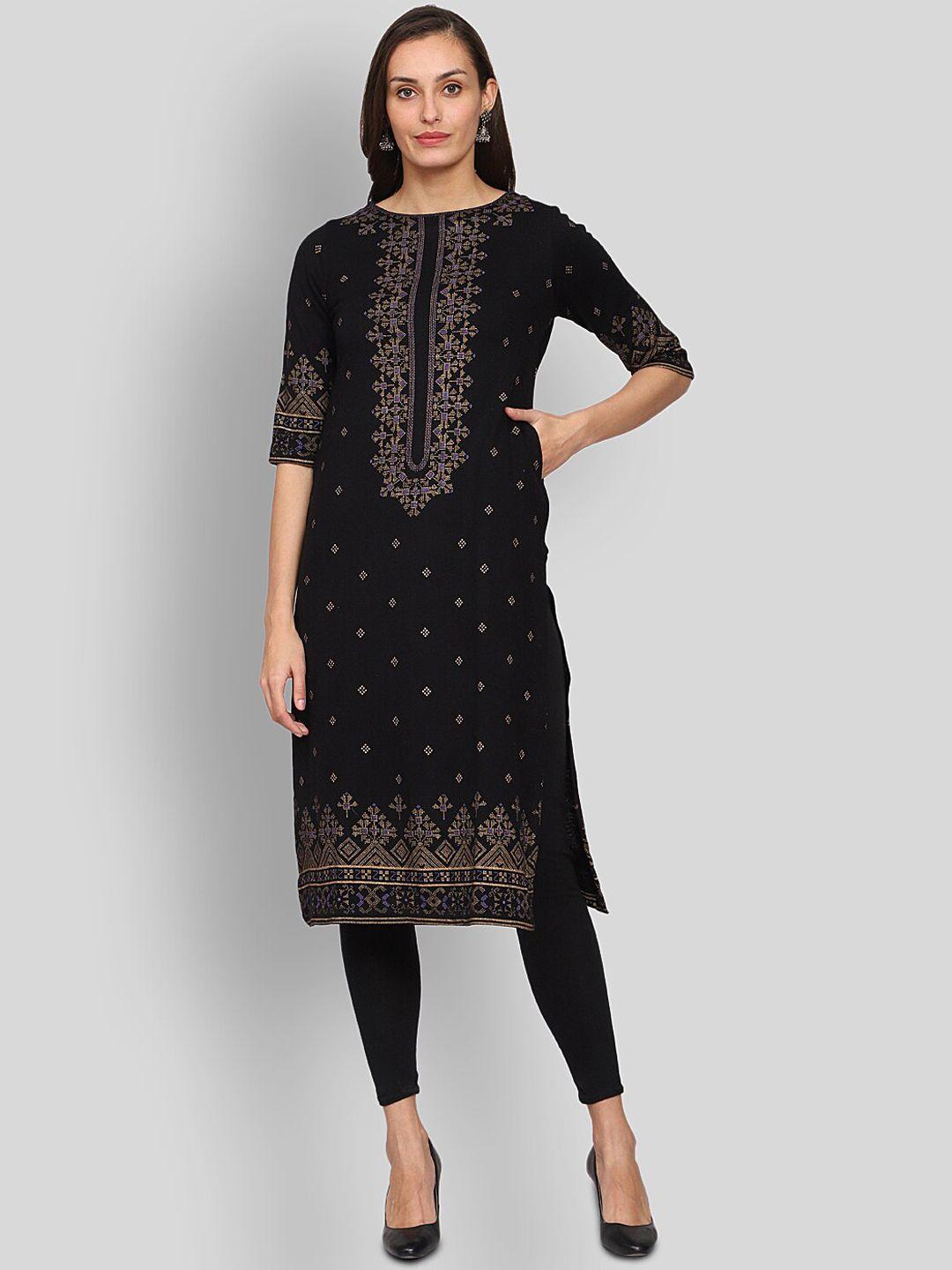 shereen women black & gold-toned woven design straight kurta