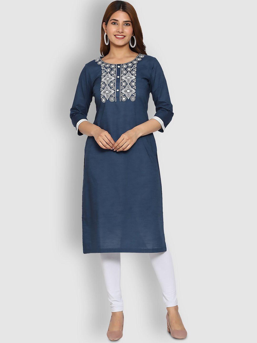 shereen women blue & white ethnic motifs embroidered straight kurta
