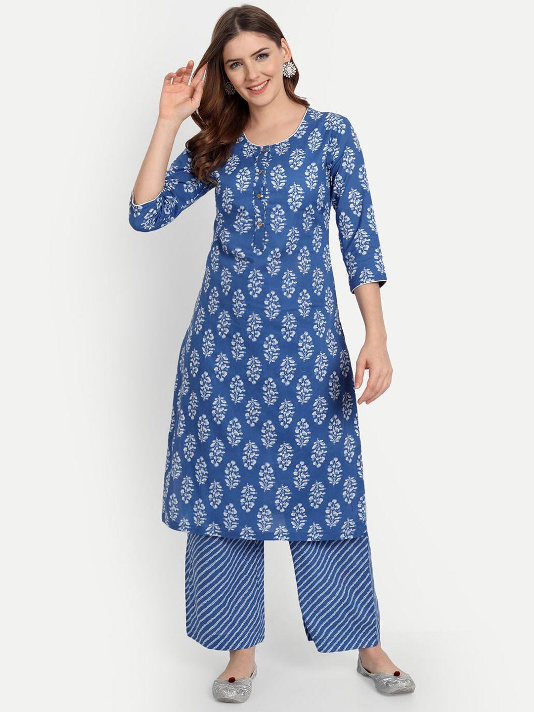 shereen women blue ethnic motifs printed pure cotton kurta with palazzos