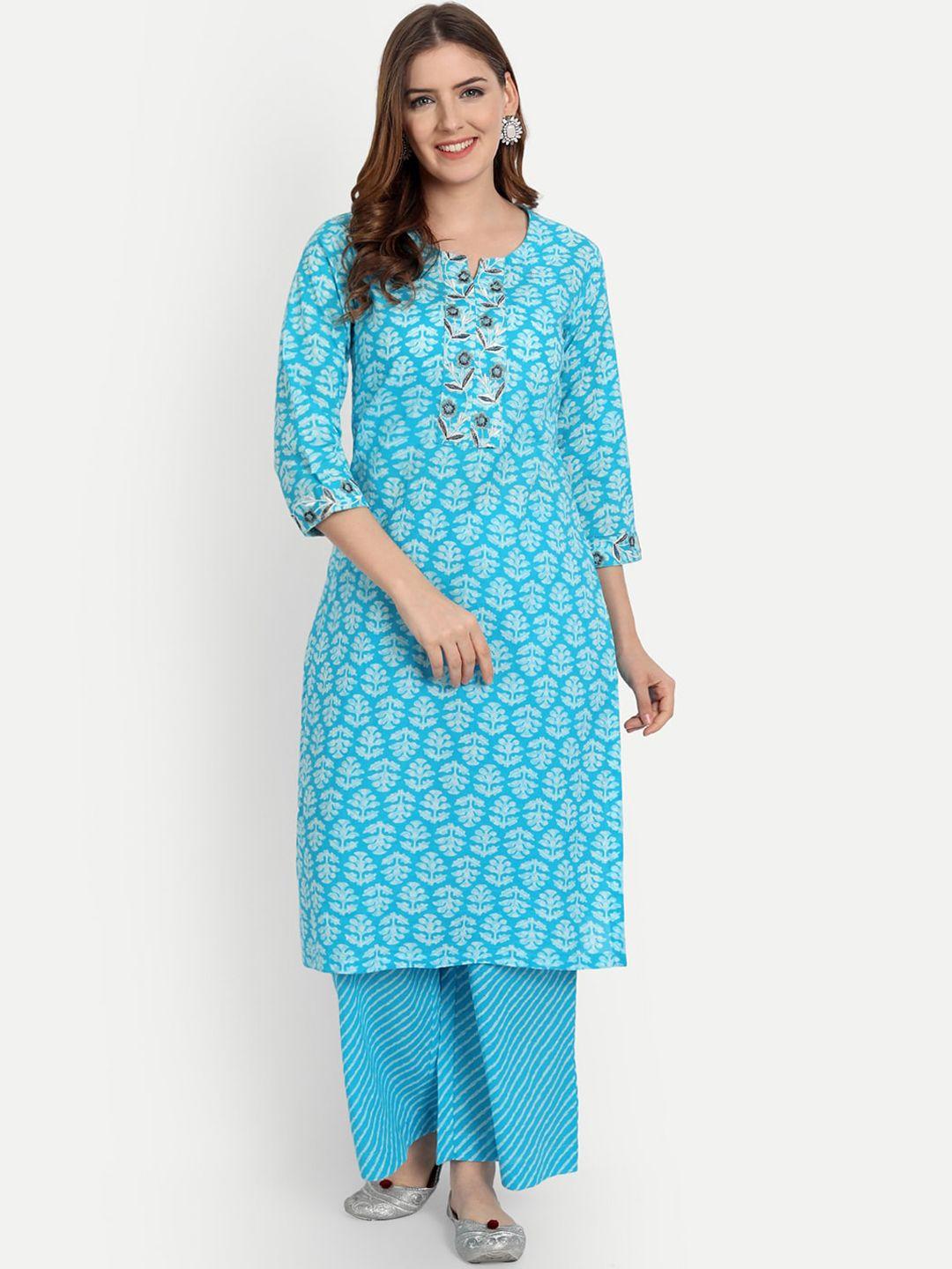 shereen women blue ethnic motifs printed pure cotton kurta with palazzos