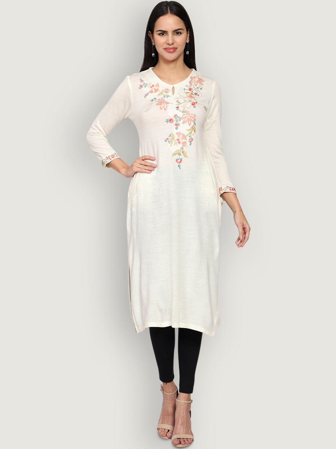shereen women cream-coloured floral embroidered straight kurta