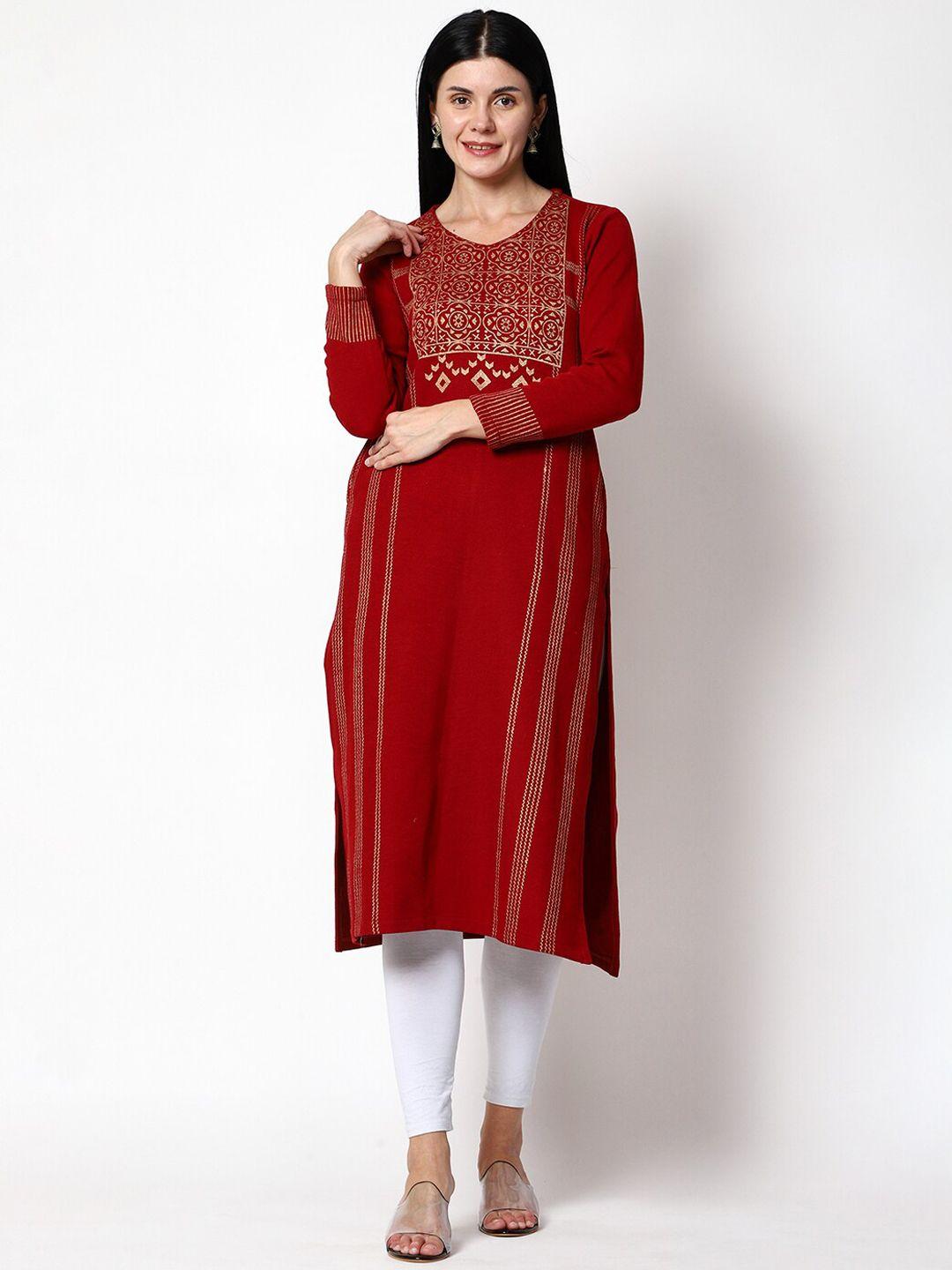 shereen women maroon ethnic printed straight woolen kurta