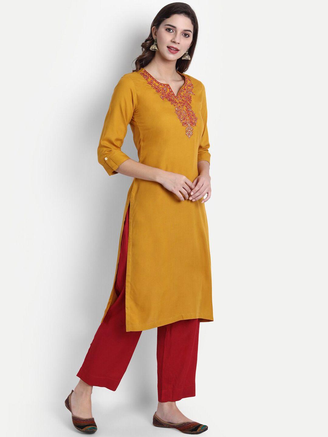 shereen women mustard yellow embroidered kurta with palazzos