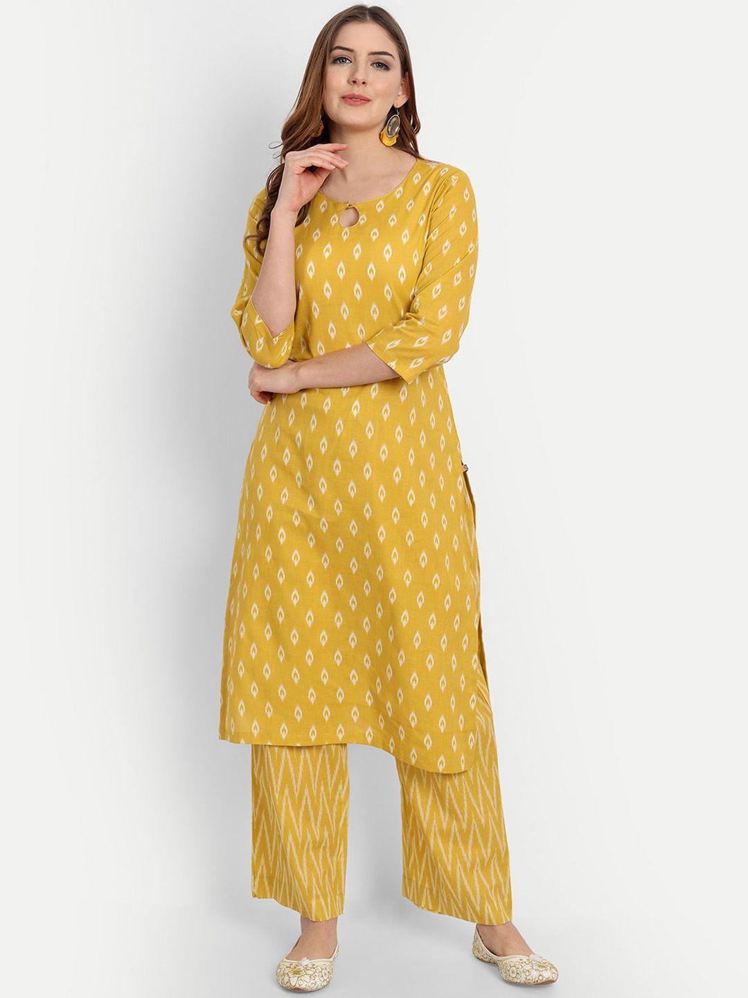 shereen women mustard yellow ethnic motifs printed pure cotton kurta with palazzos