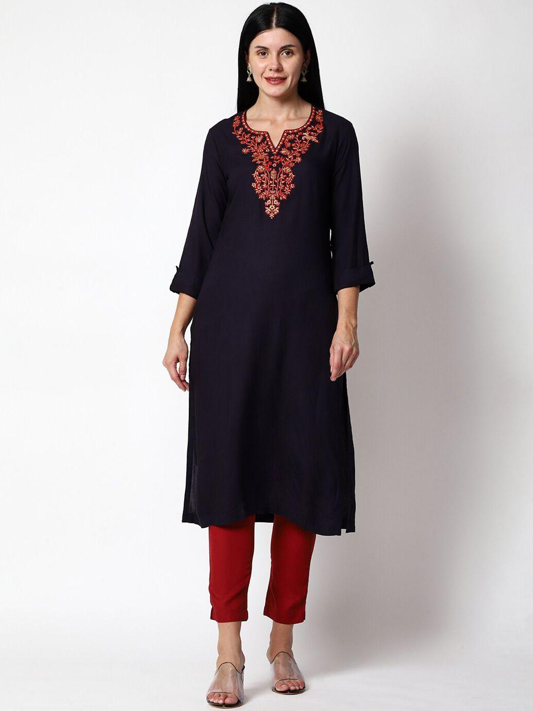 shereen women navy blue embroidered kurta with trousers