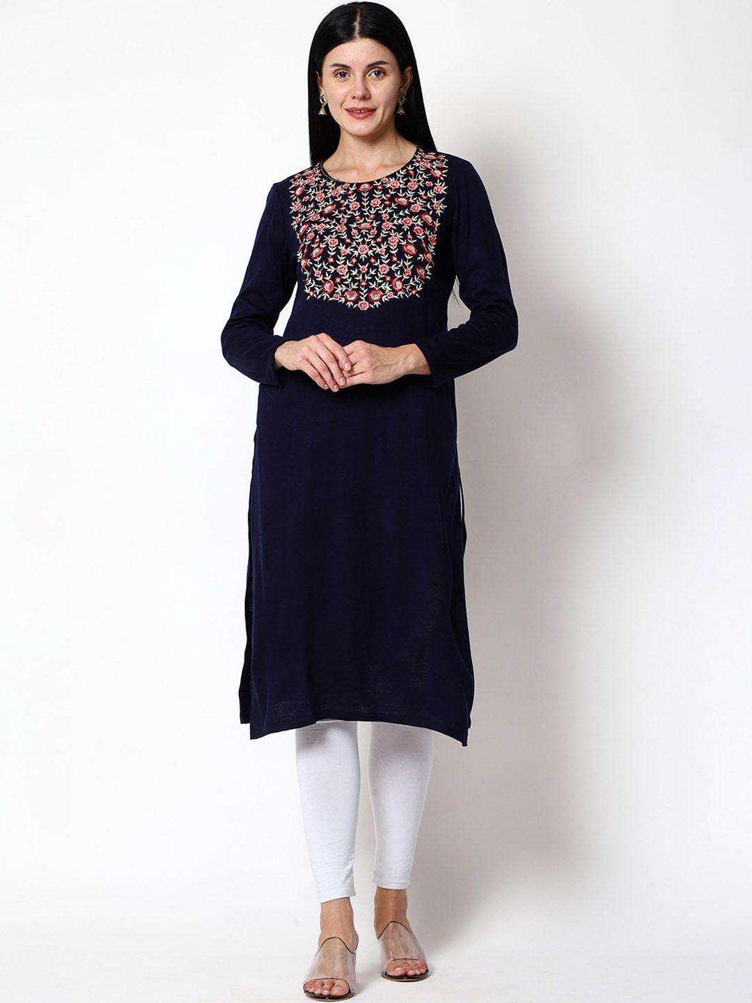shereen women navy blue ethnic embroidered straight woolen kurta