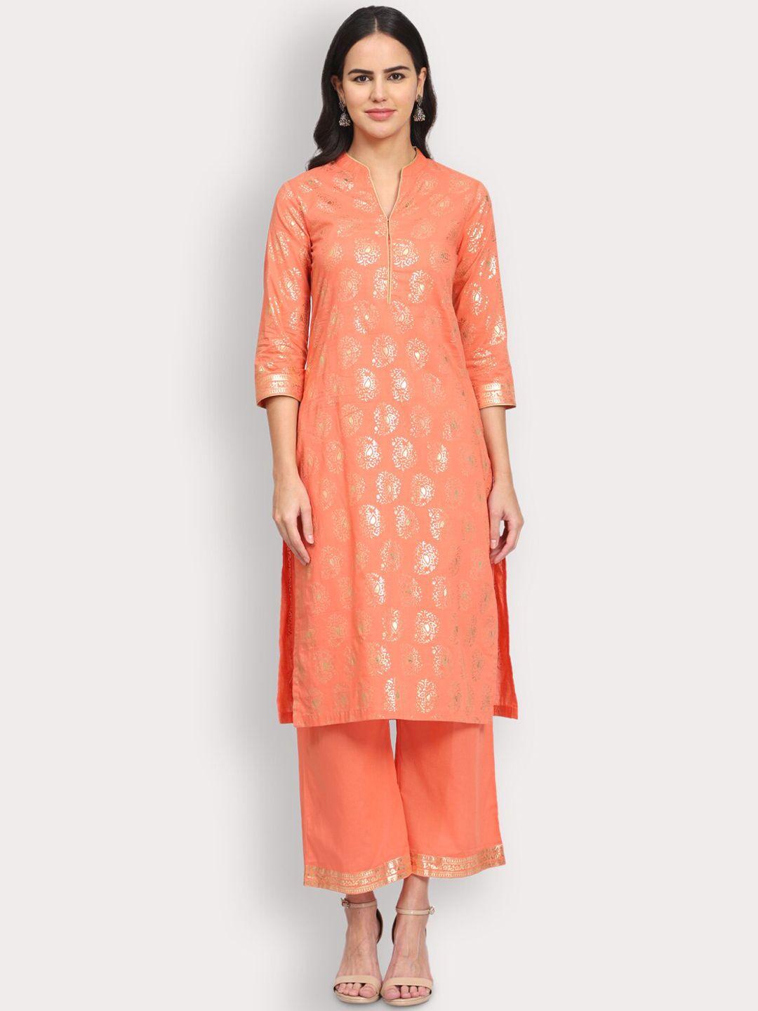 shereen women orange ethnic motifs printed pure cotton kurta with palazzo