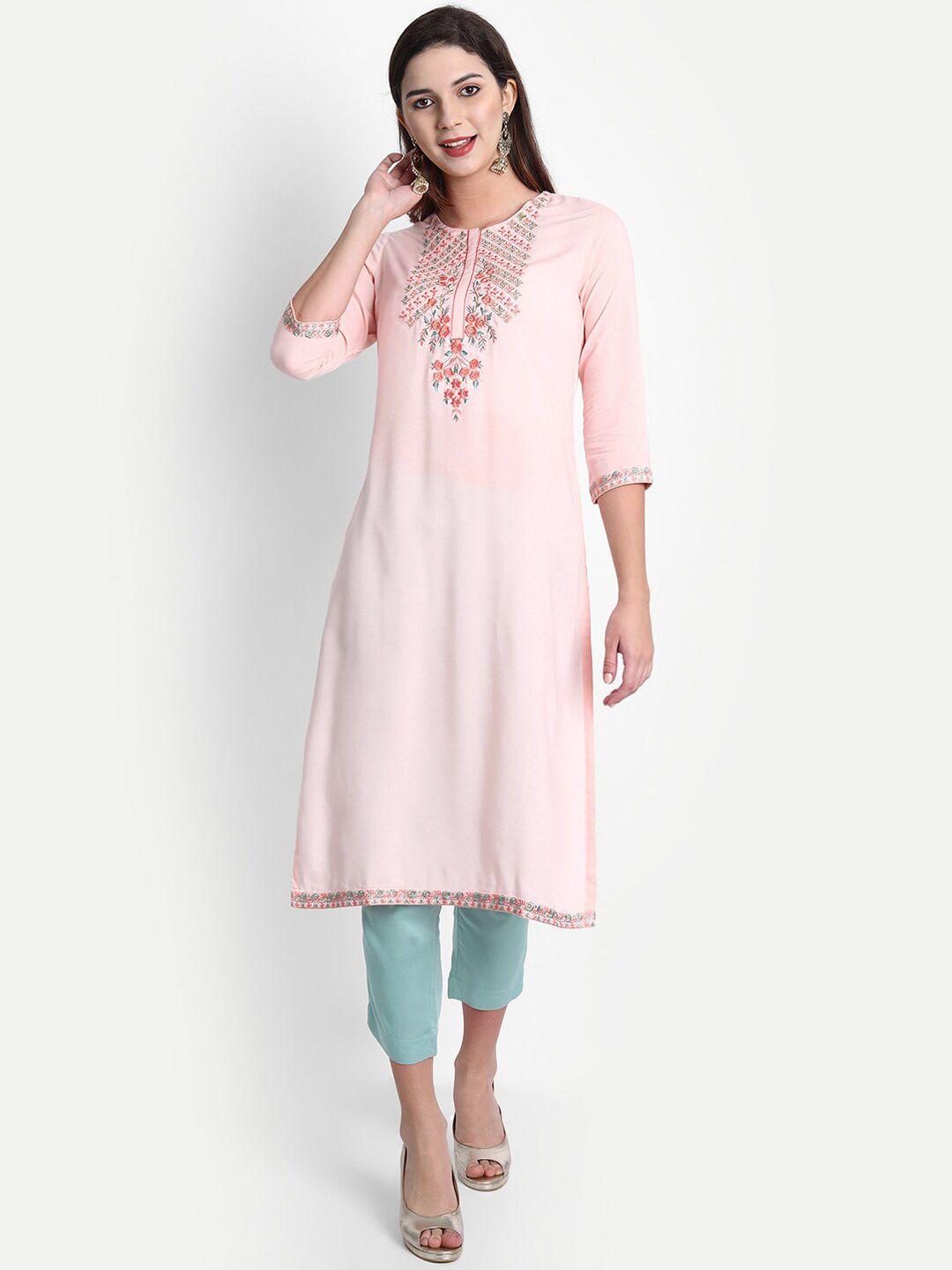 shereen women peach-coloured floral embroidered kurti with trousers