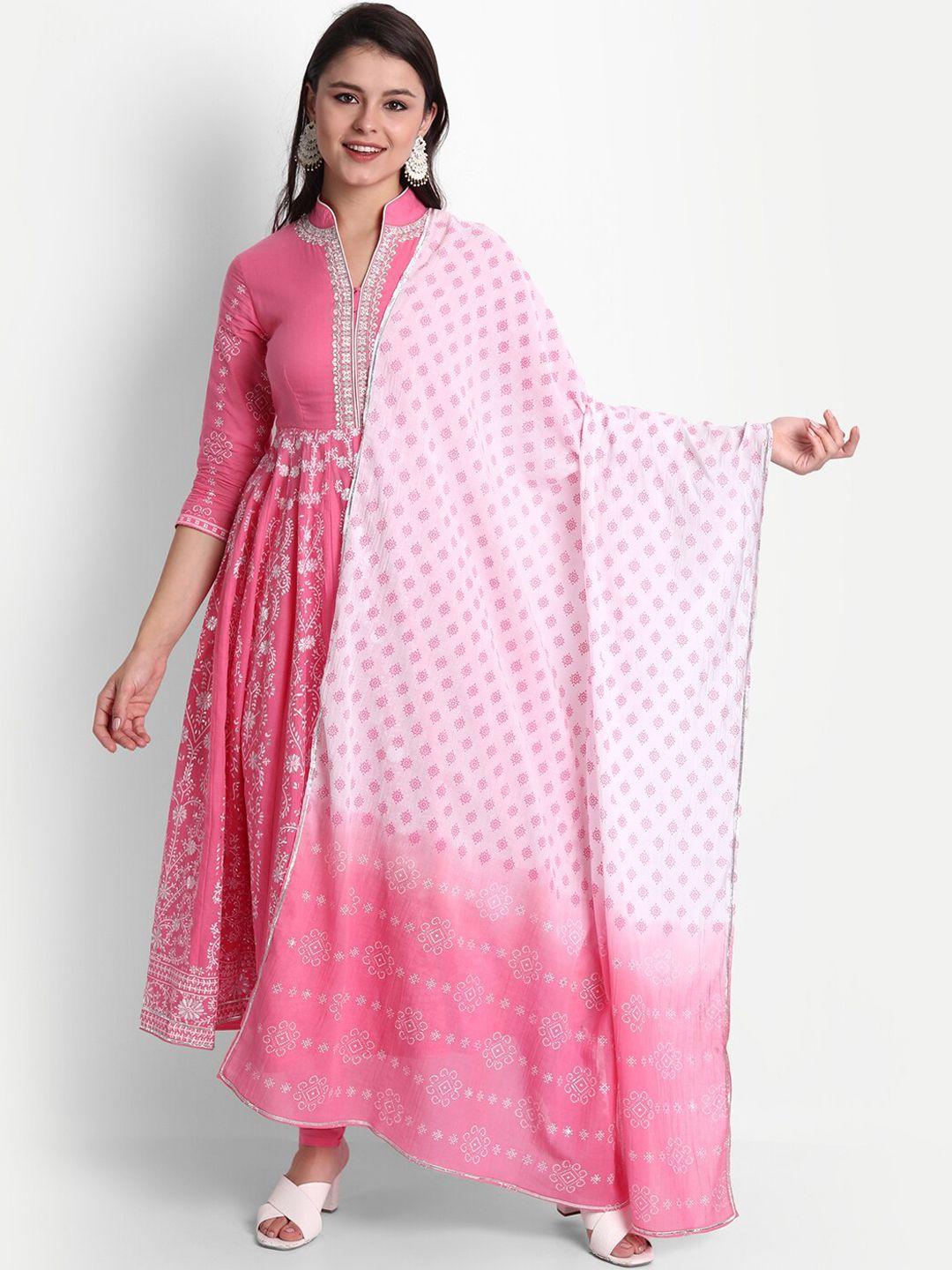 shereen women pink ethnic motifs embroidered empire pure cotton kurti with churidar & with dupatta