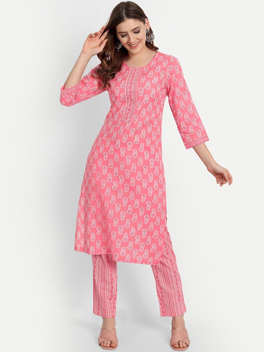 shereen women pink ethnic motifs printed pure cotton kurta with trousers