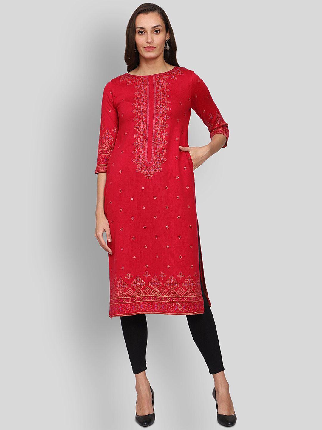 shereen women red ethnic printed straight woolen kurta
