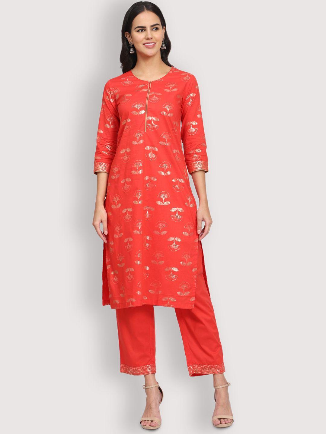 shereen women red floral printed pure cotton kurta with trousers