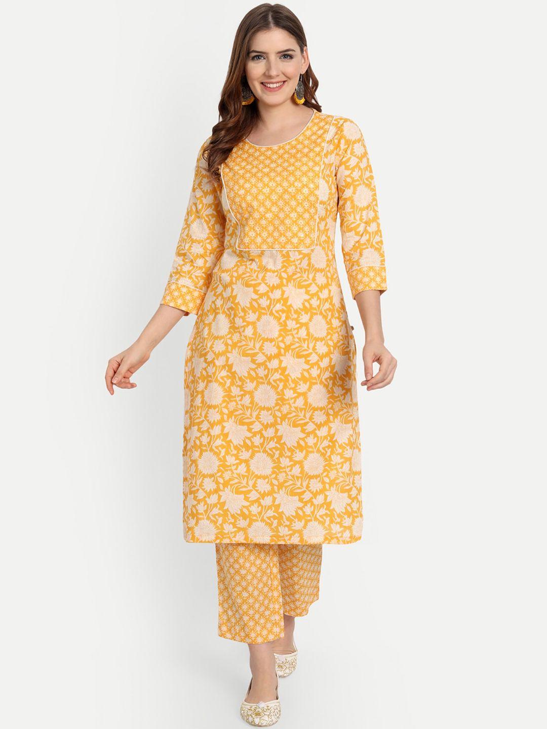 shereen women yellow floral printed pure cotton kurta with trousers