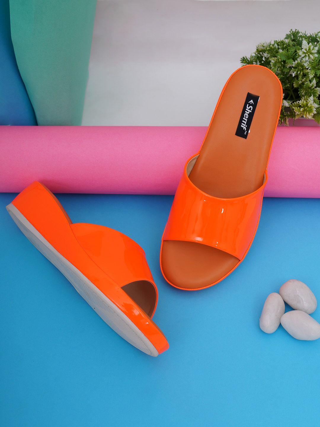 sherrif shoes orange embellished block mules with buckles