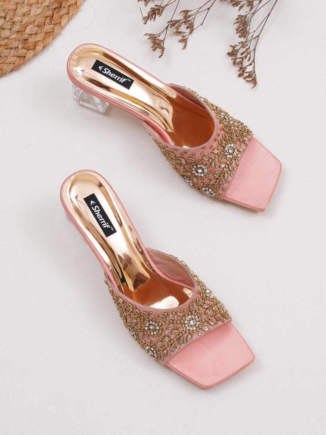 sherrif shoes rose gold embellished ethnic block heels