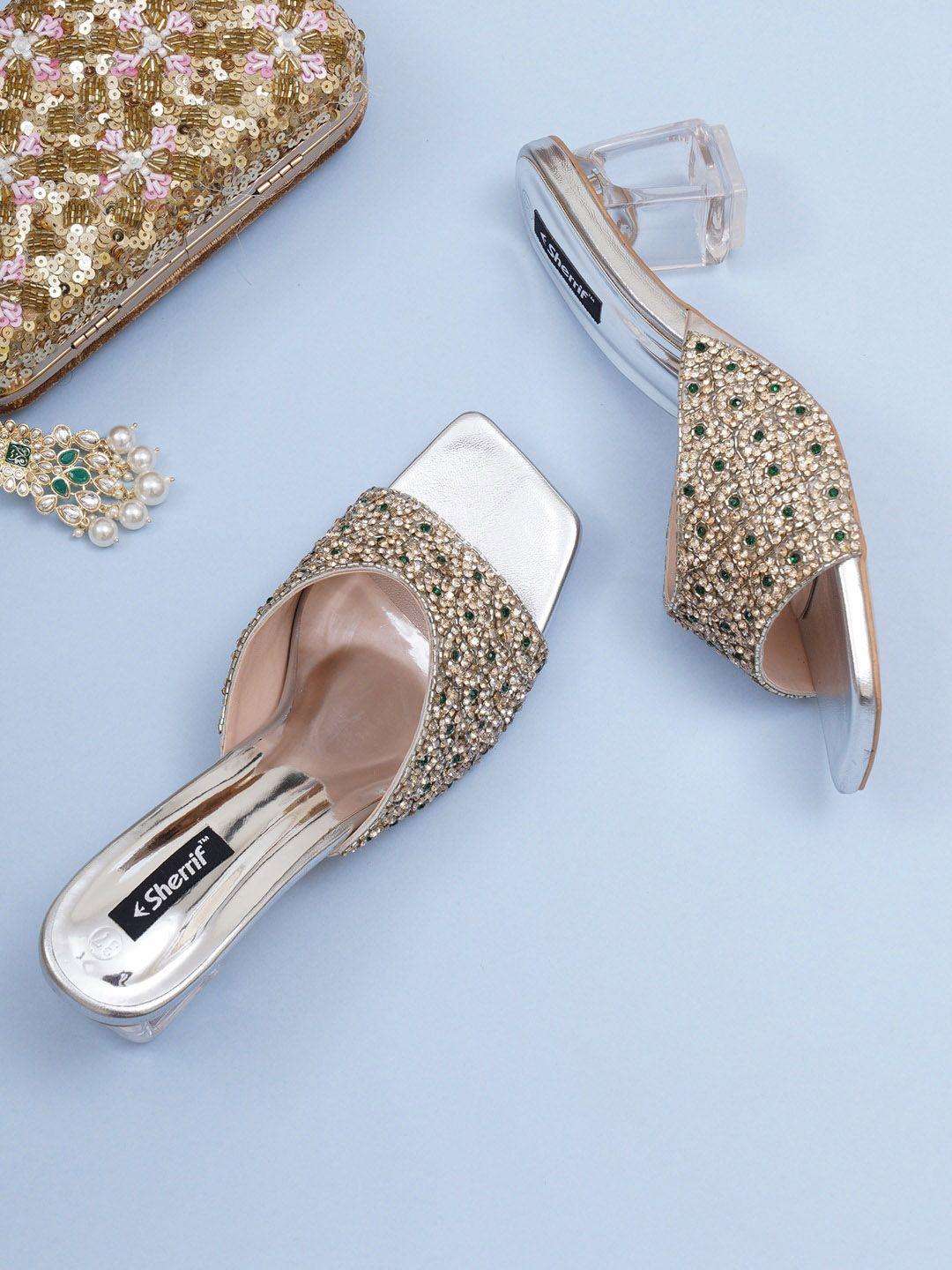 sherrif shoes silver-toned embellished ethnic block heels