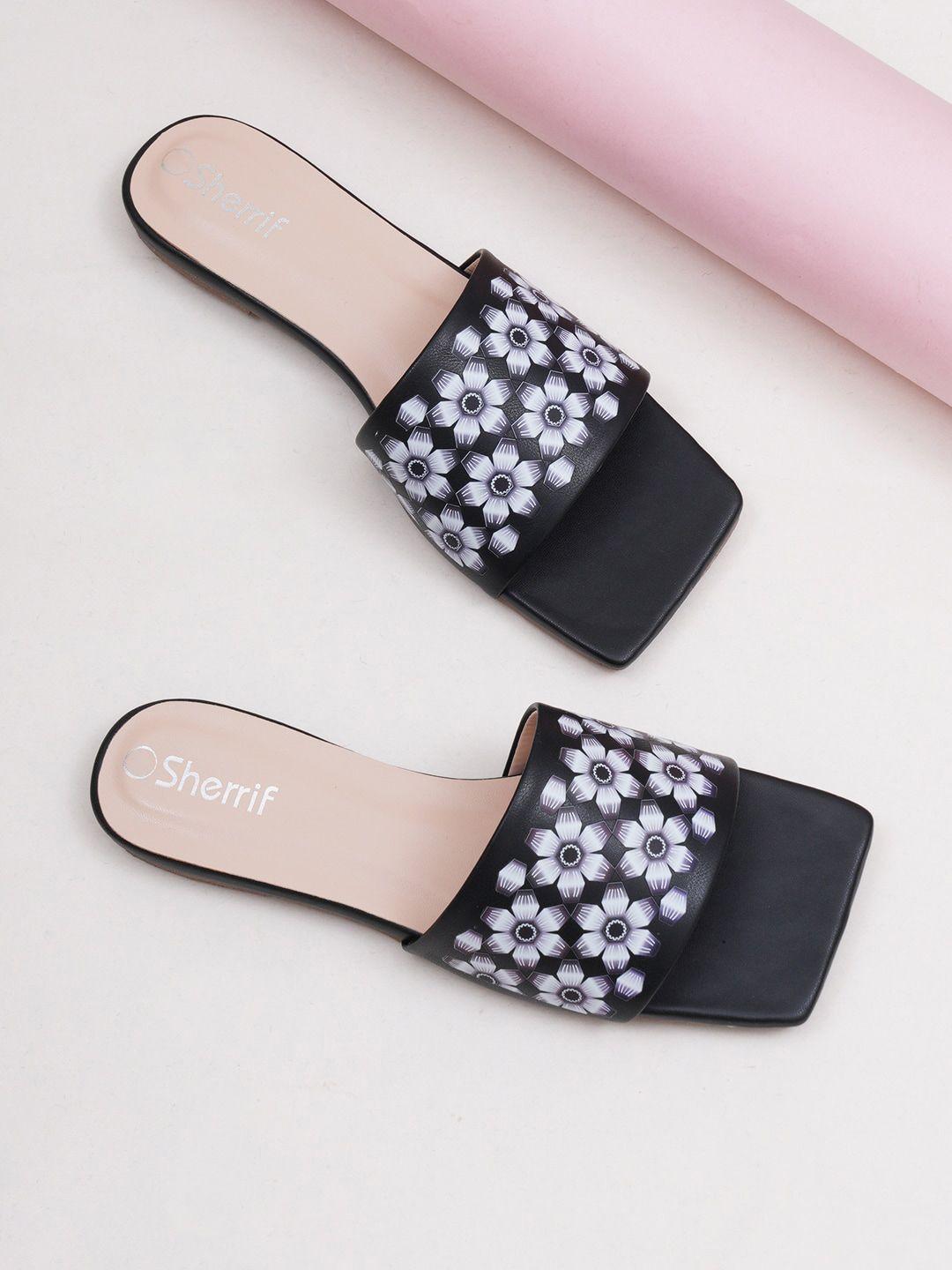 sherrif shoes women black printed open toe flats with bows
