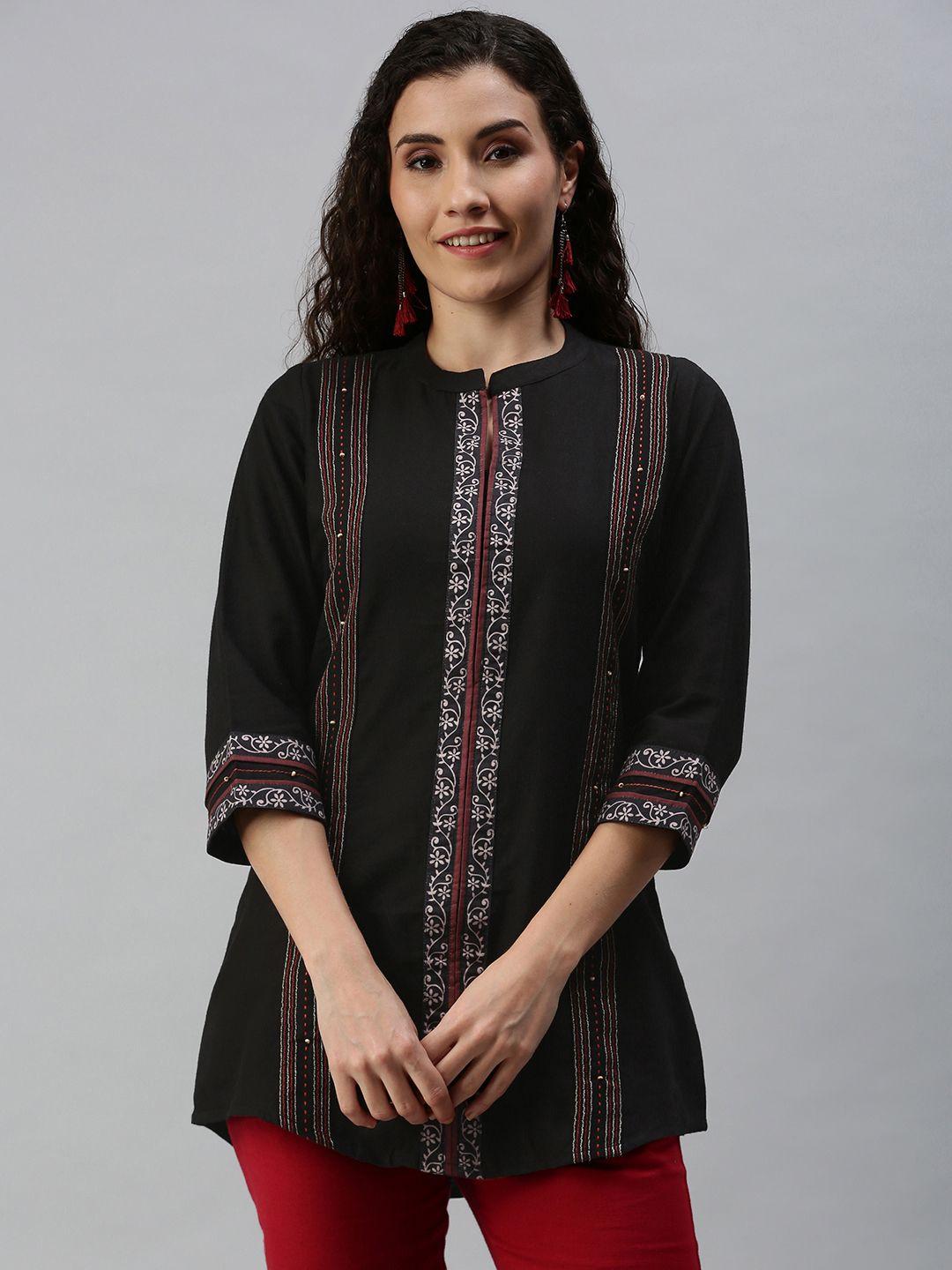 shewill black mandarin collar printed tunic