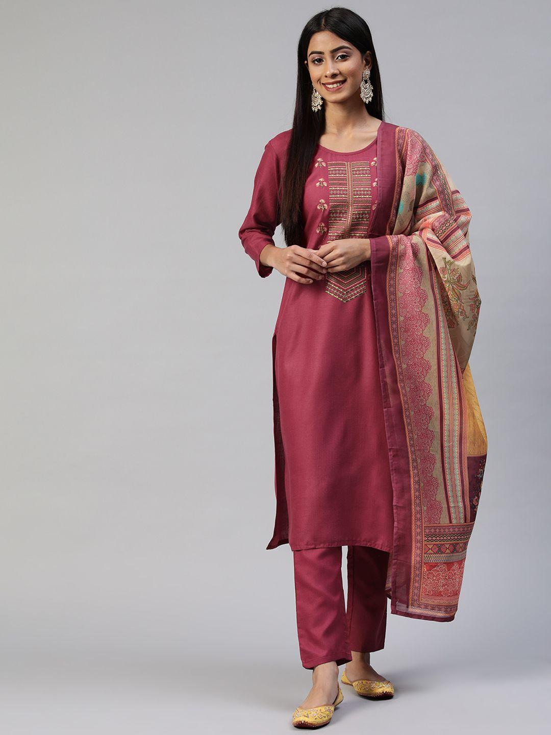 shewill magenta embroidered unstitched dress material