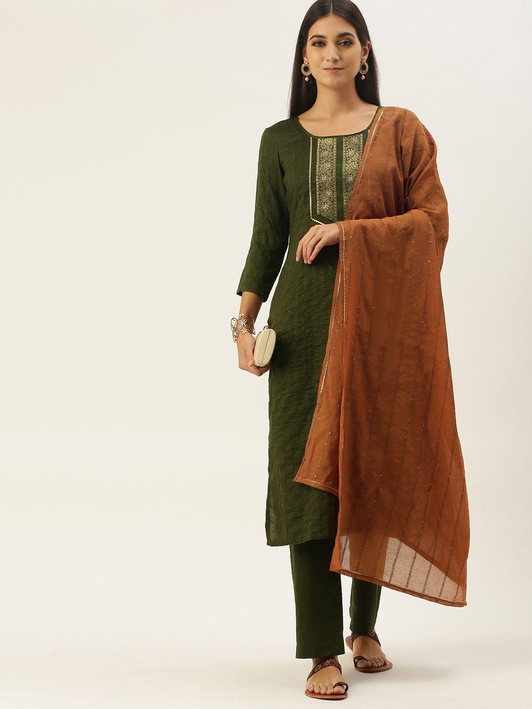 shewill olive green & rust embroidered unstitched dress material