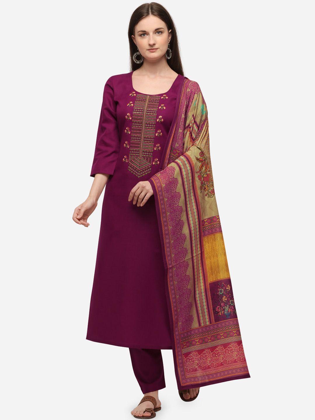 shewill purple & yellow cotton blend unstitched dress material