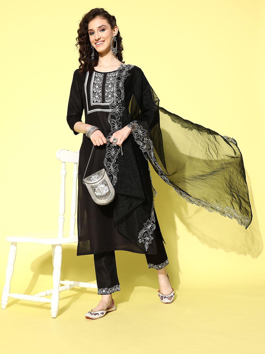 shewill women black floral embroidered regular sequinned kurta with trousers & dupatta