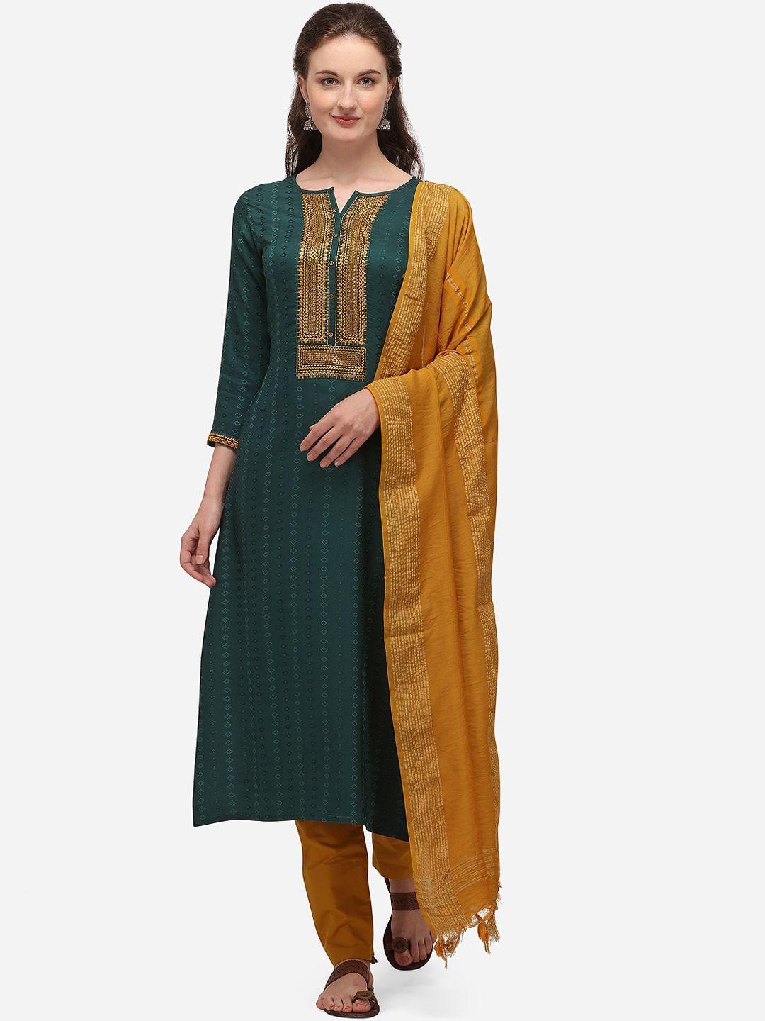shewill women green & mustard embroidered kurta with trousers & dupatta