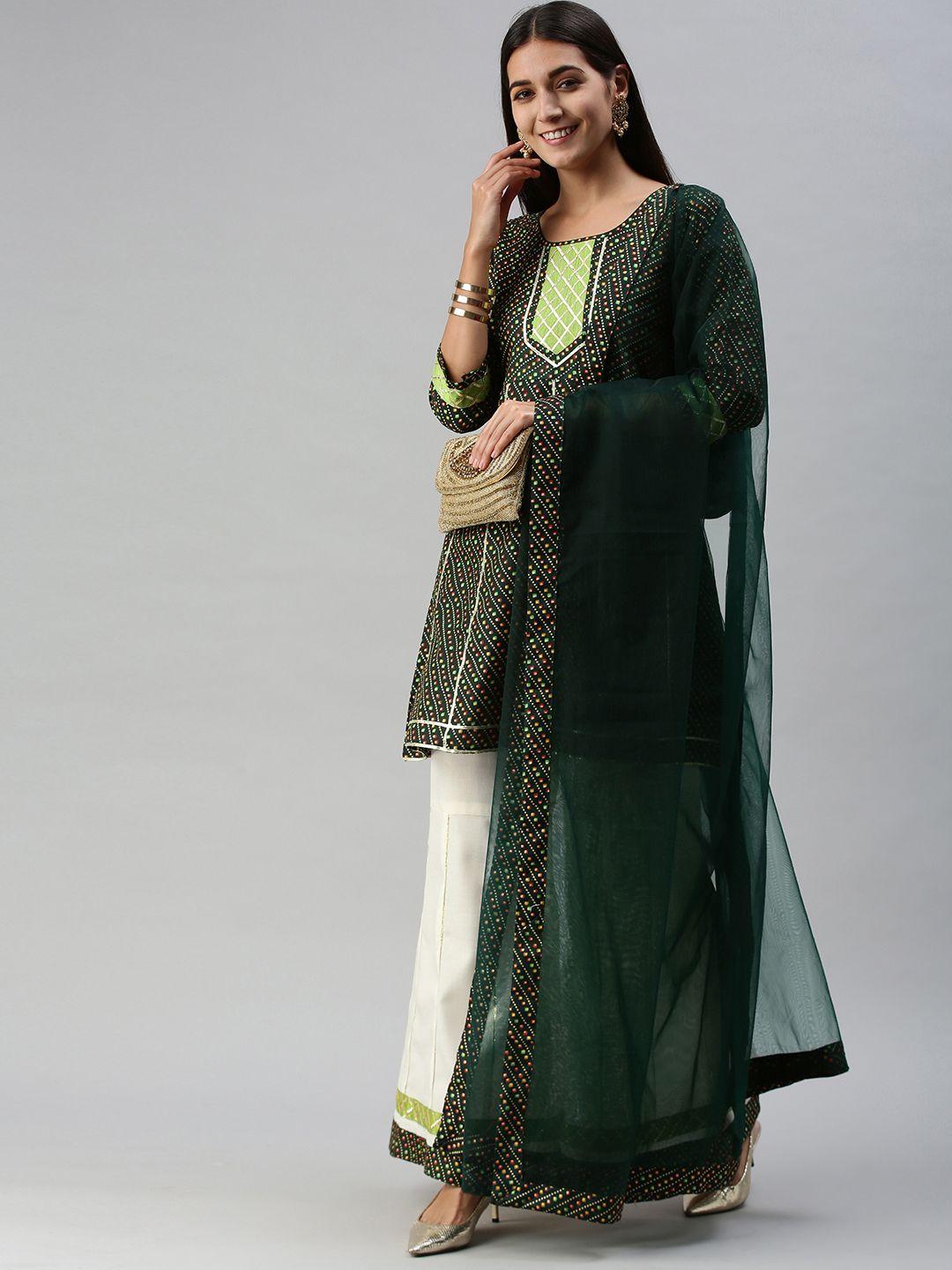 shewill women green bandhani printed panelled gotta patti kurta with palazzos & with dupatta