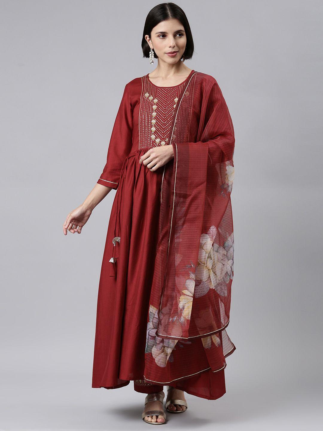 shewill women maroon floral yoke design pleated sequinned kurta with trousers & with dupatta