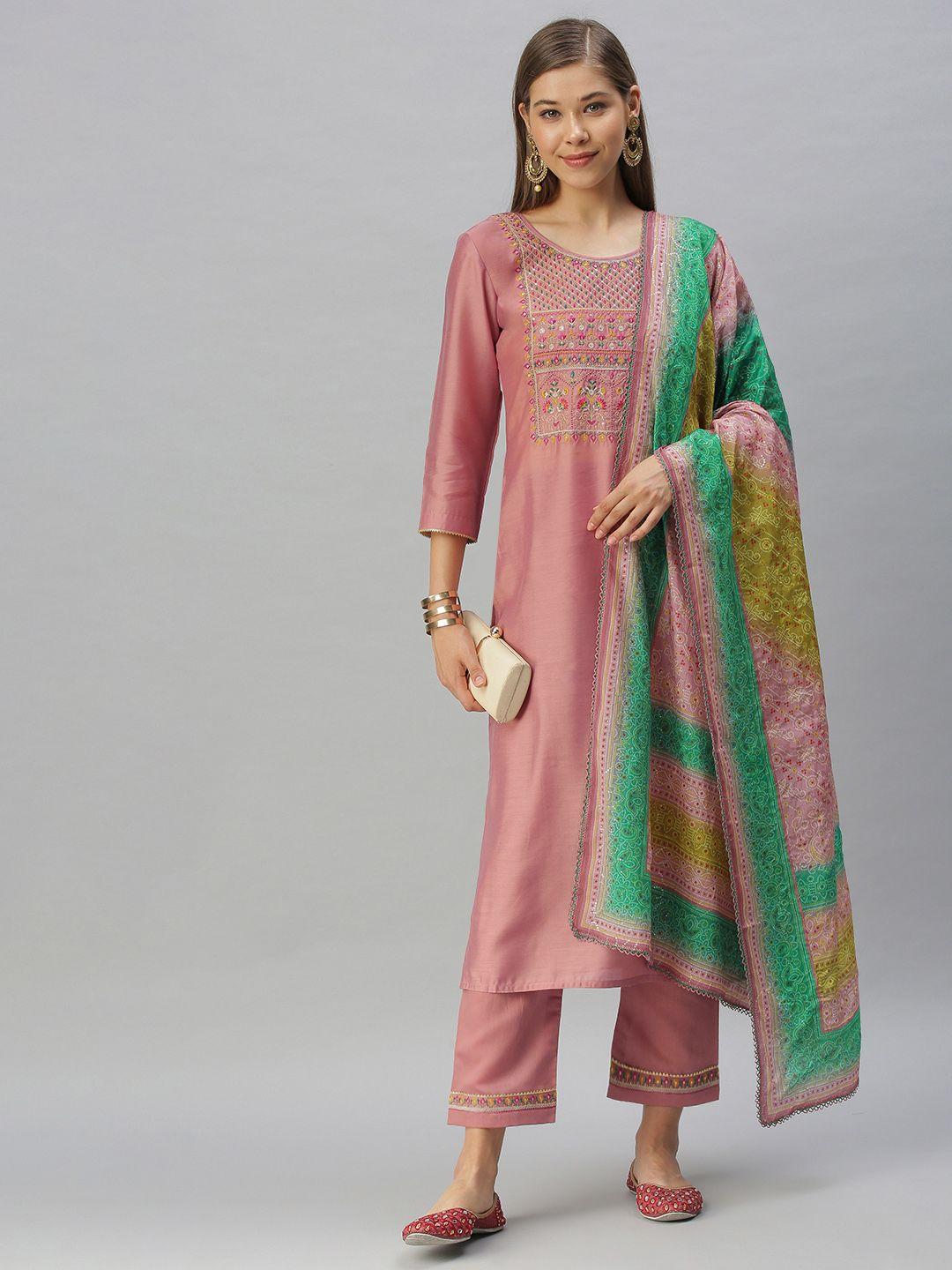 shewill women pink ethnic yoke design sequinned kurta with trousers & dupatta