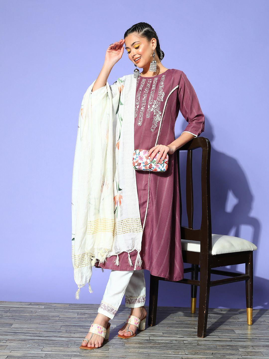 shewill women purple floral embroidered panelled sequinned kurta with trousers & with dupatta
