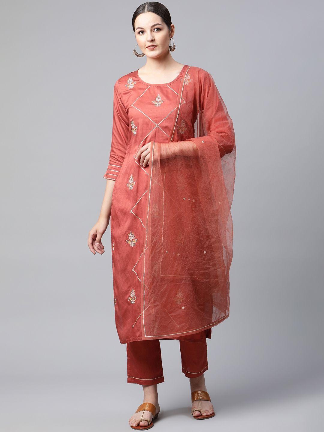 shewill women rust red ethnic motifs embroidered gotta patti kurta with trousers & dupatta