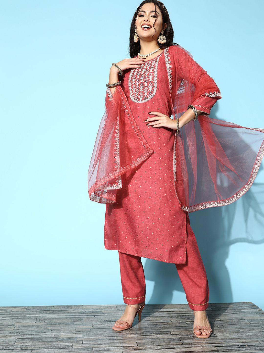shewill women rust red ethnic motifs embroidered sequinned kurta with trousers & dupatta