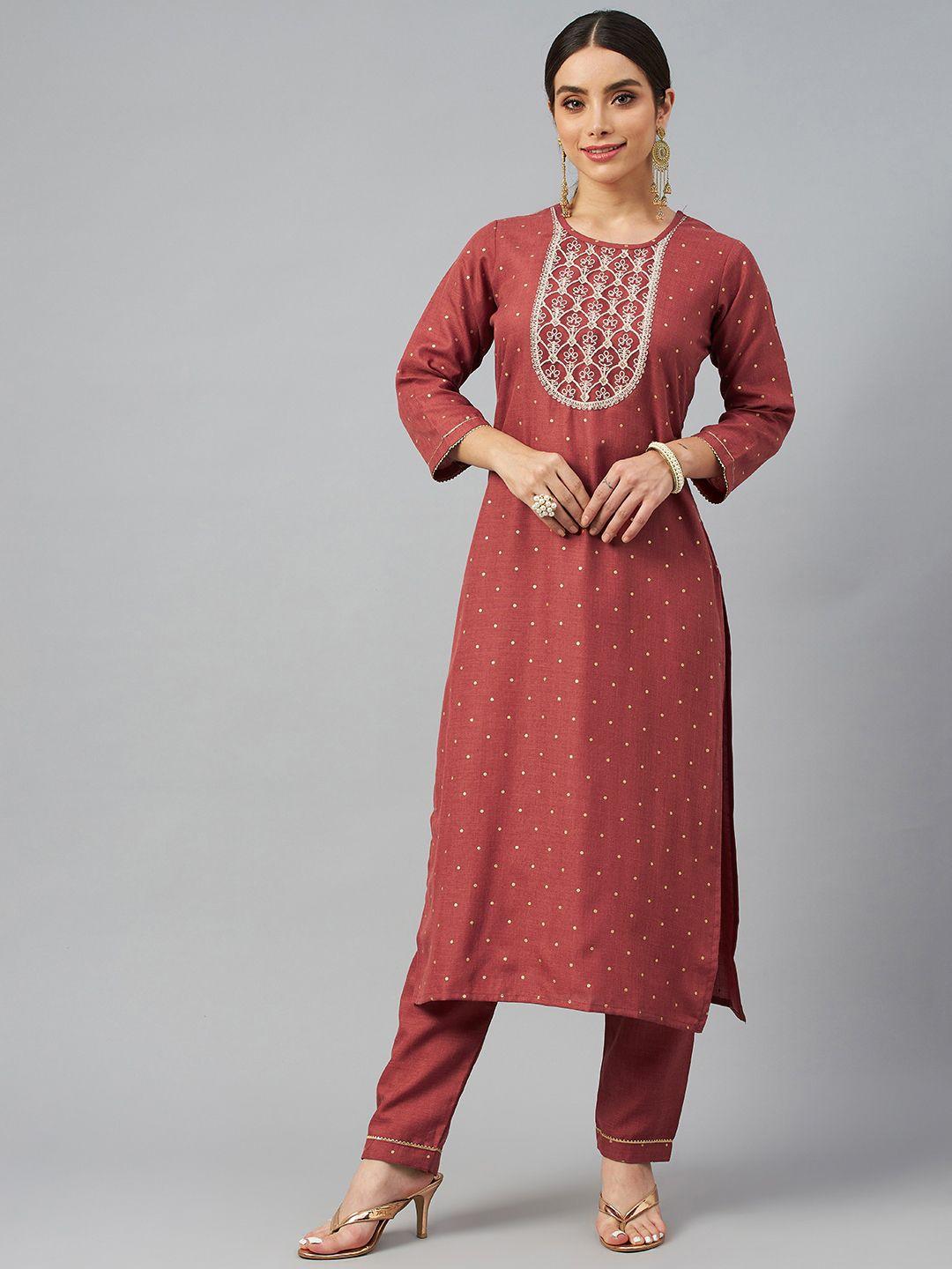 shewill women rust red ethnic motifs embroidered sequinned kurta with trousers