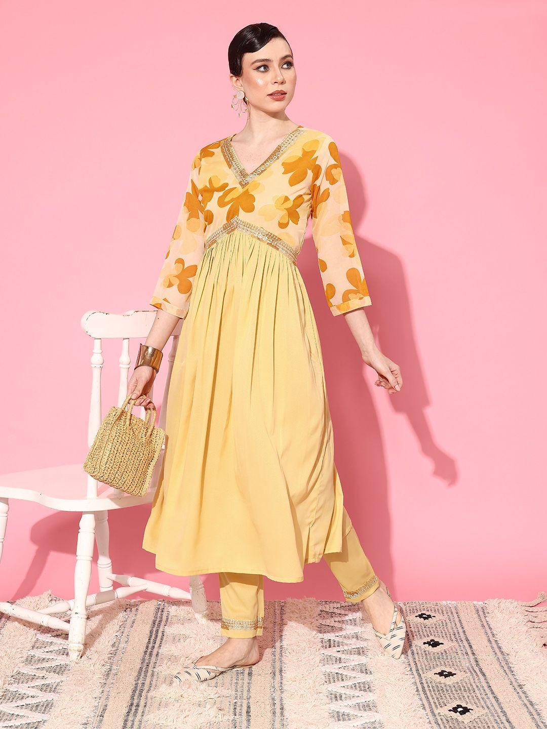 shewill yellow floral printed empire sequinned georgette crepe kurta with trousers