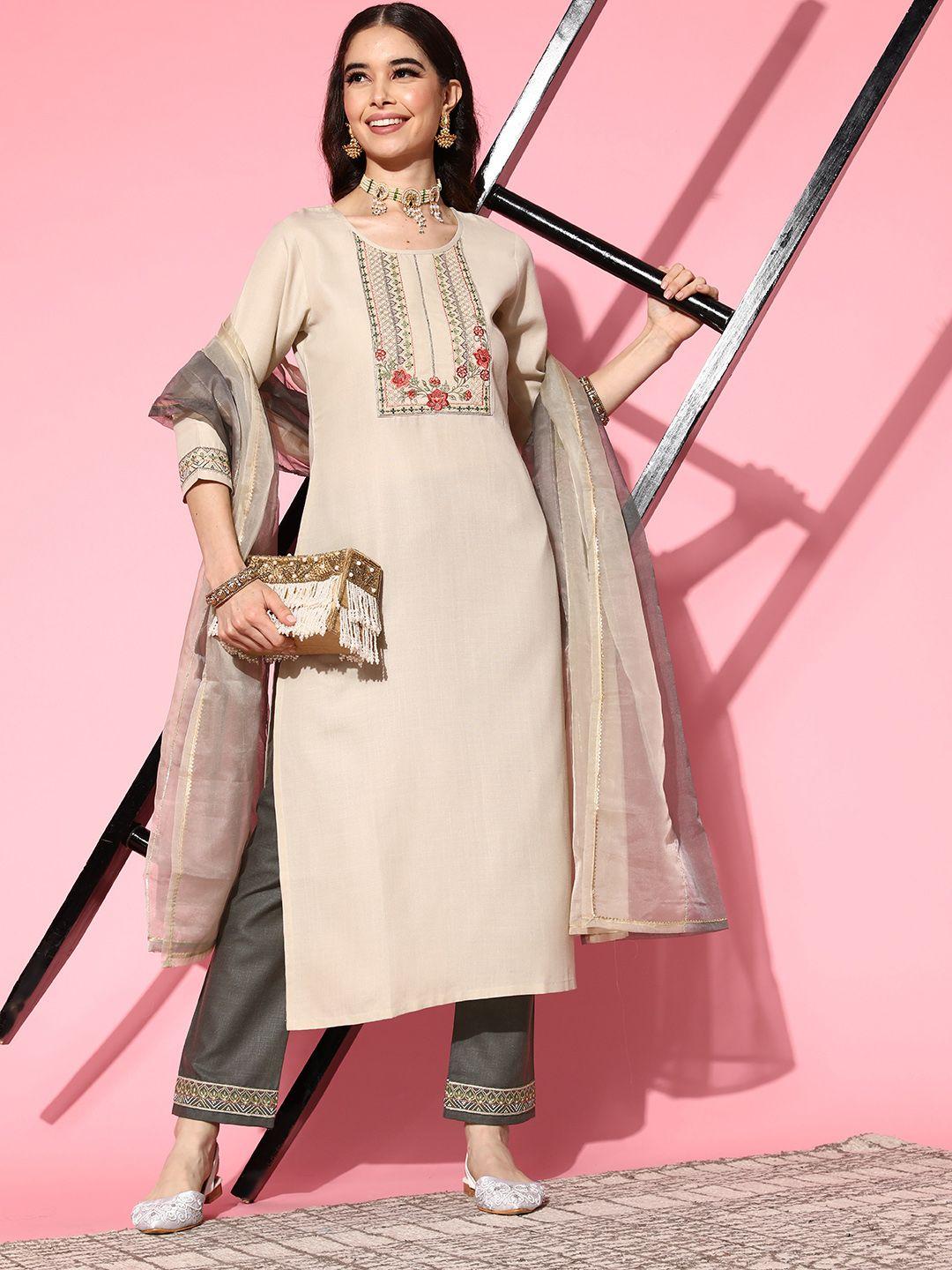 shewill  off white & grey floral embroidered kurta with trousers & with dupatta