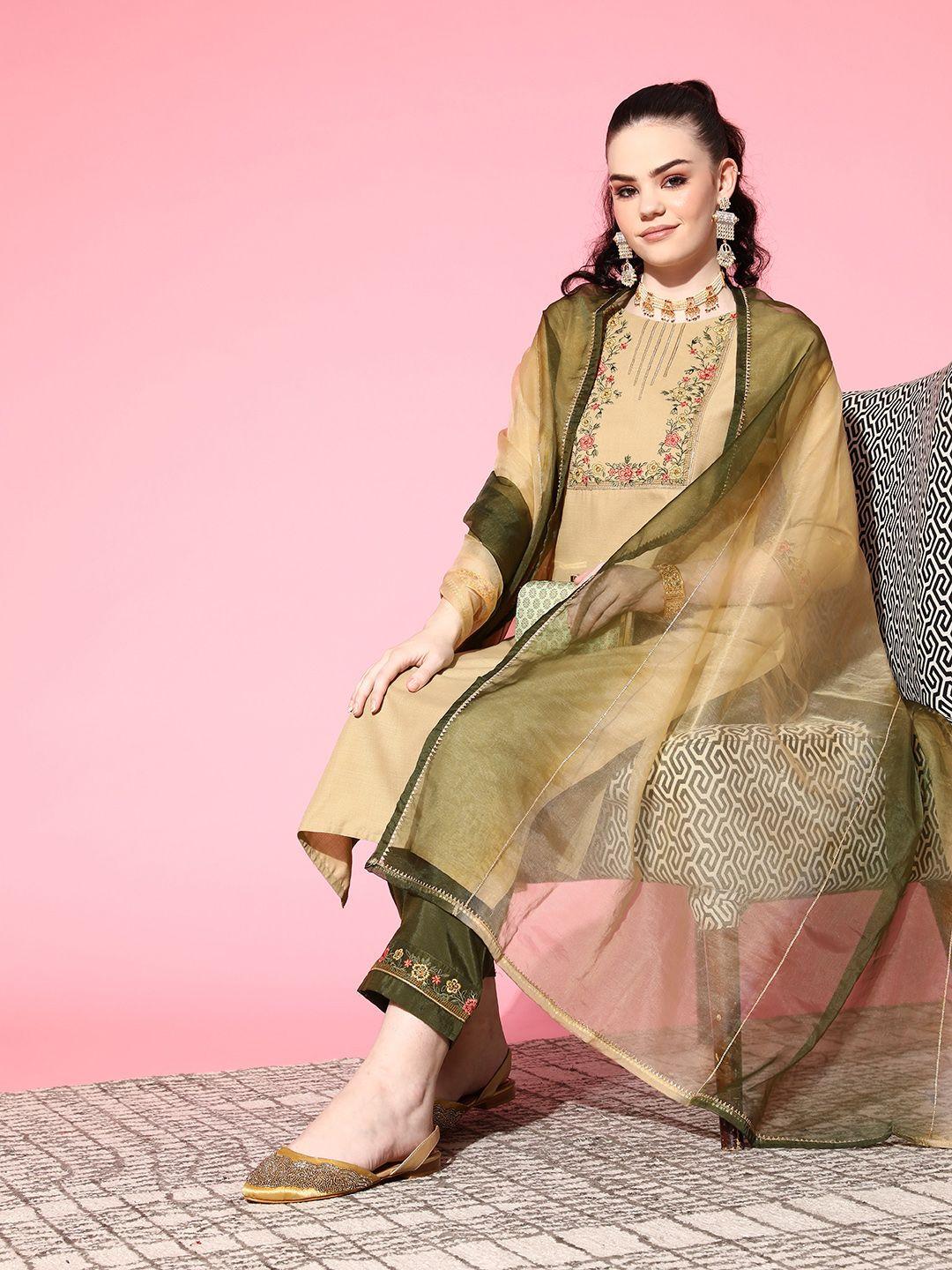 shewill beige & green floral embroidered gota patti detail kurta with trousers & dupatta