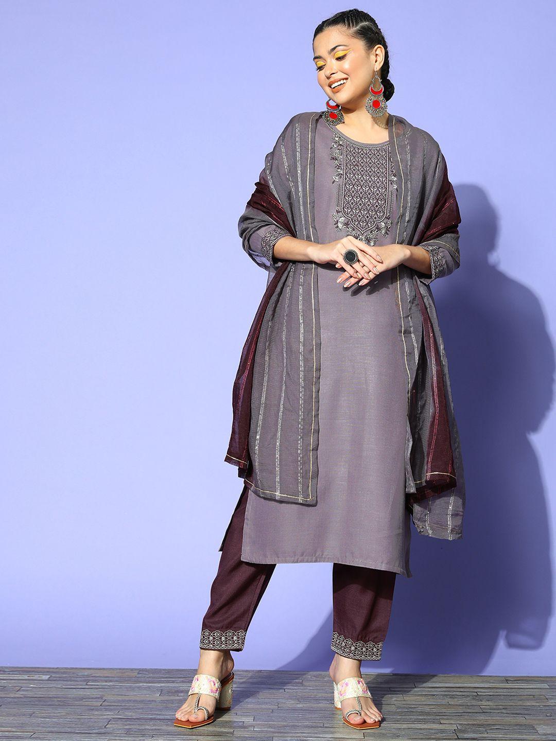shewill floral embroidered mirror work kurta with trousers & dupatta