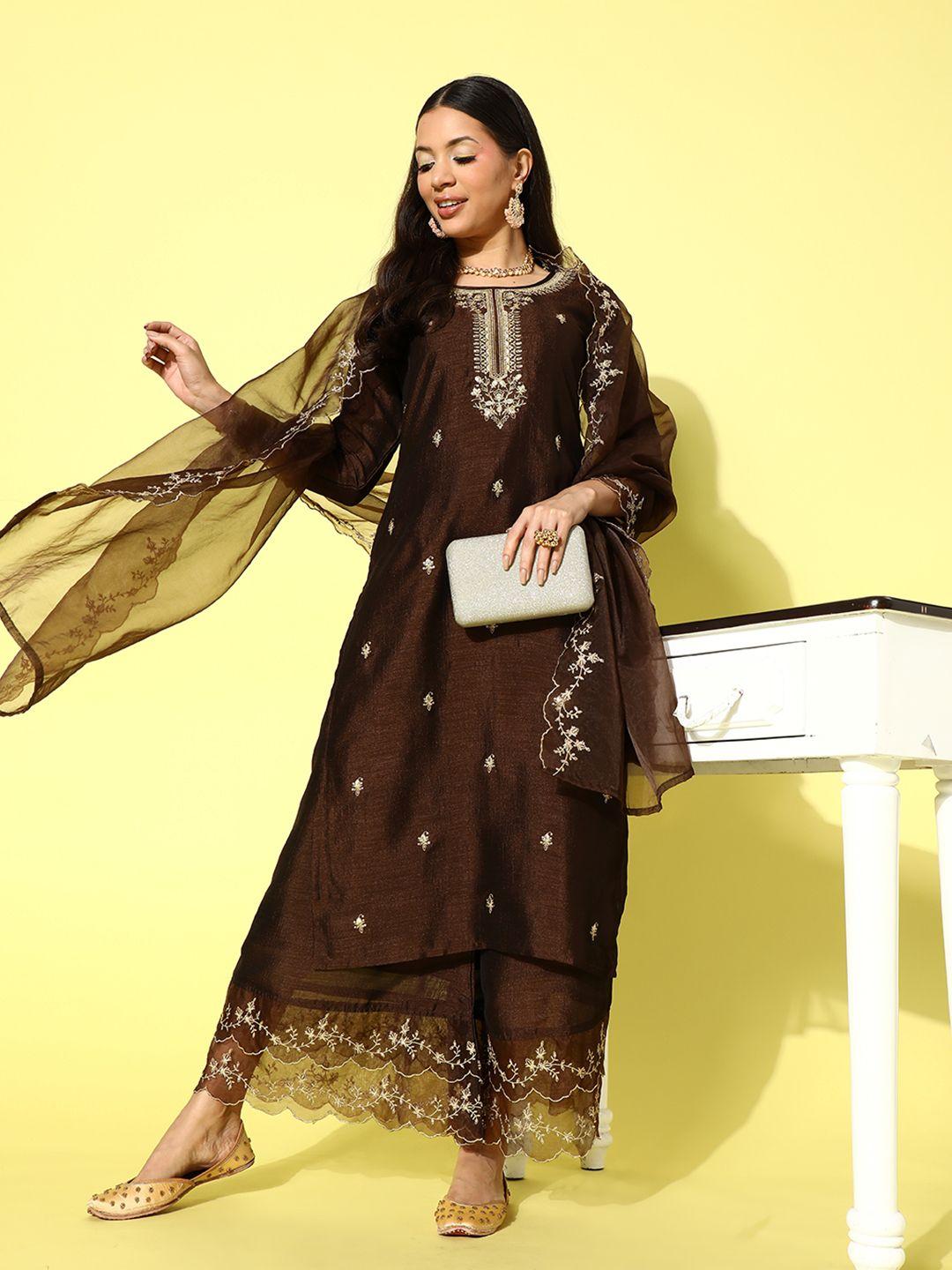 shewill floral embroidered regular sequinned kurta with palazzos & with dupatta