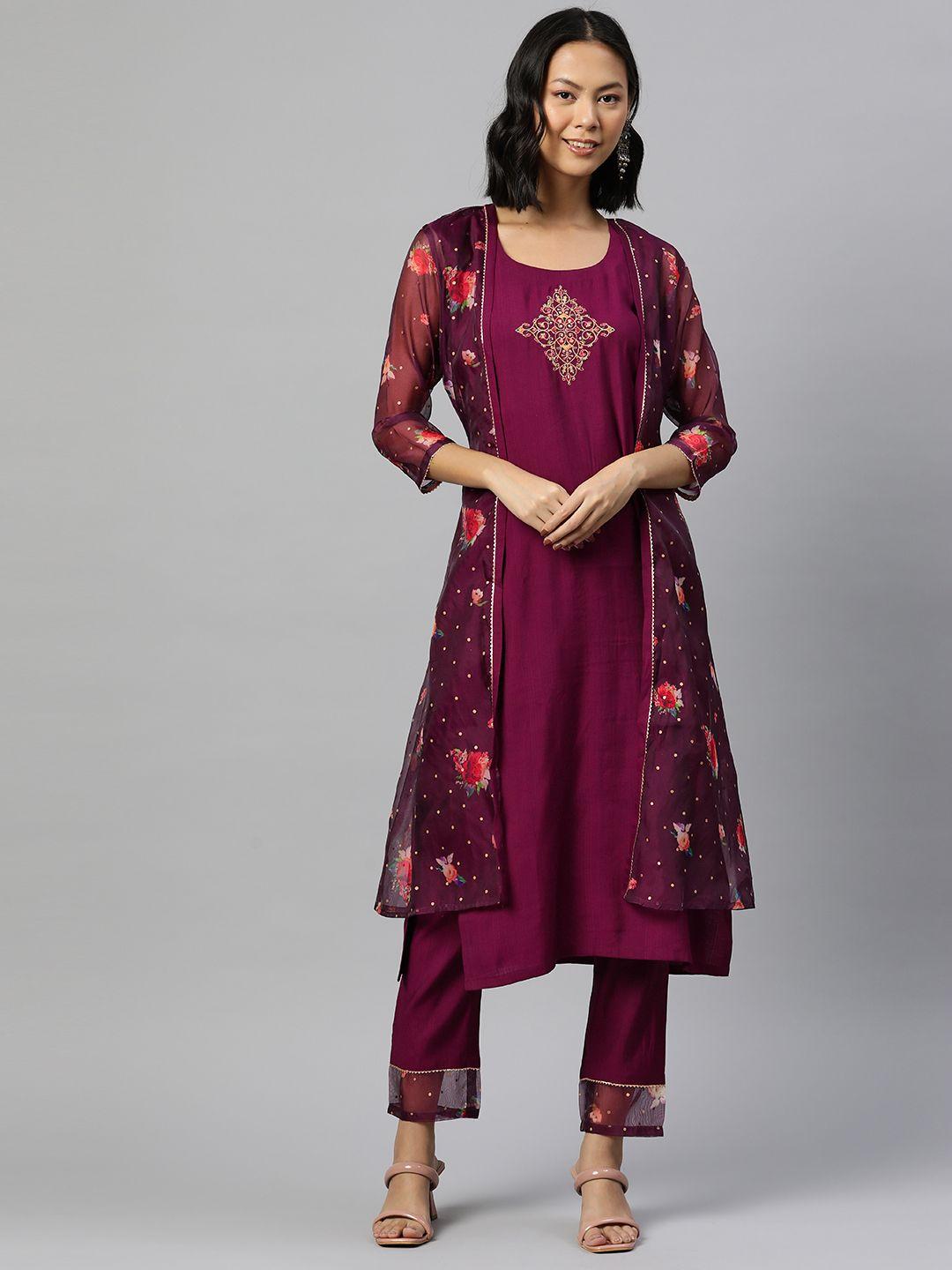 shewill floral embroidered regular sequinned kurta with trousers