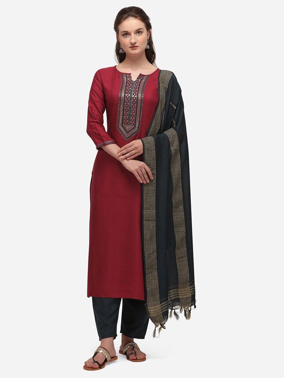 shewill maroon & charcoal black cotton blend unstitched dress material