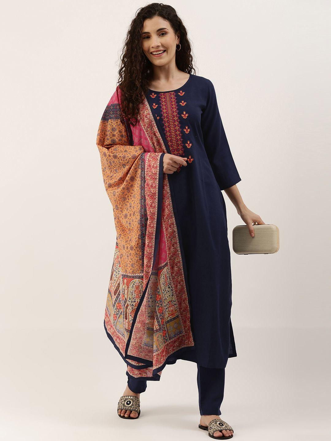 shewill navy blue embroidered unstitched dress material
