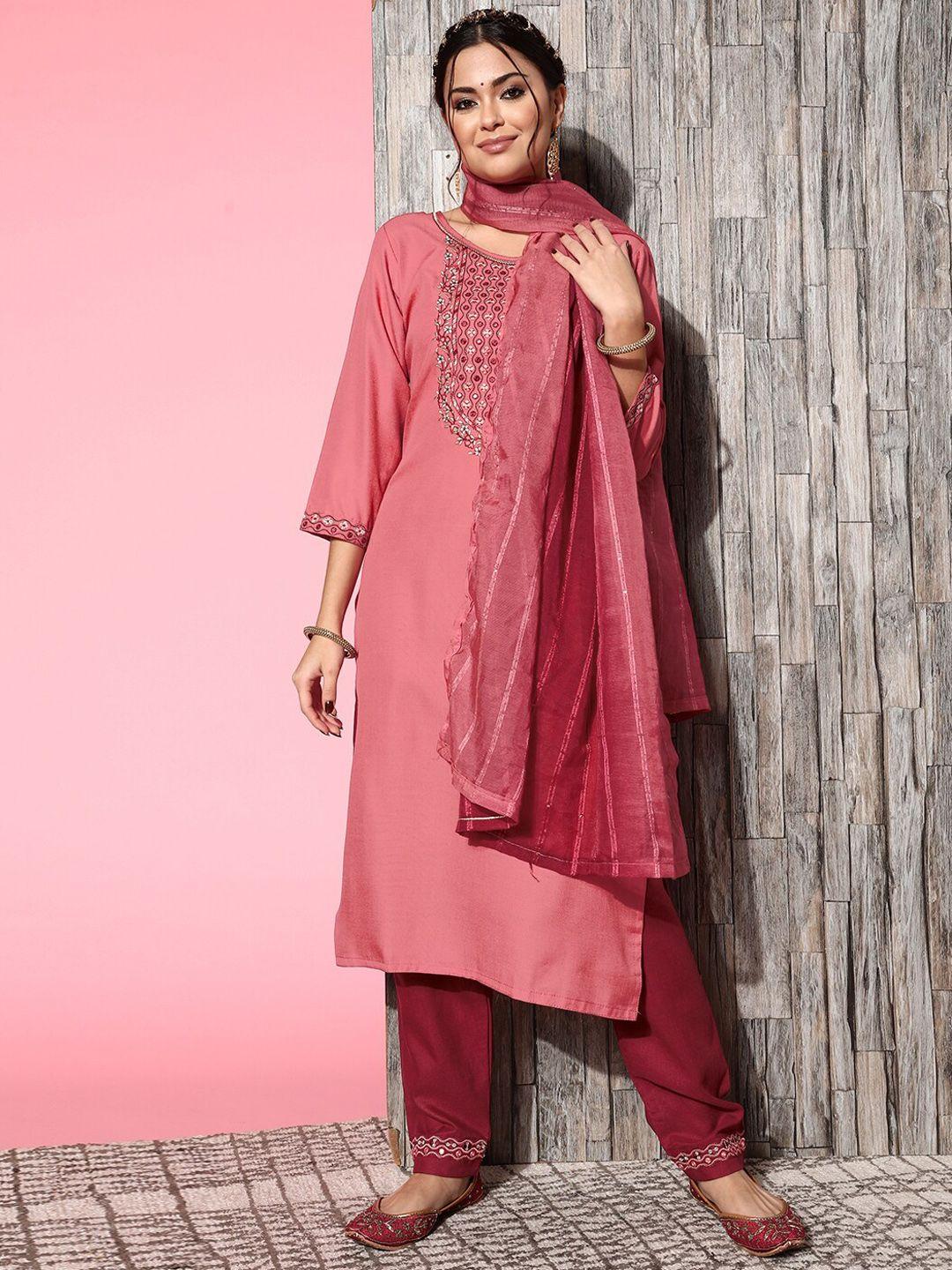 shewill orange floral embroidered kurta with trousers & dupatta