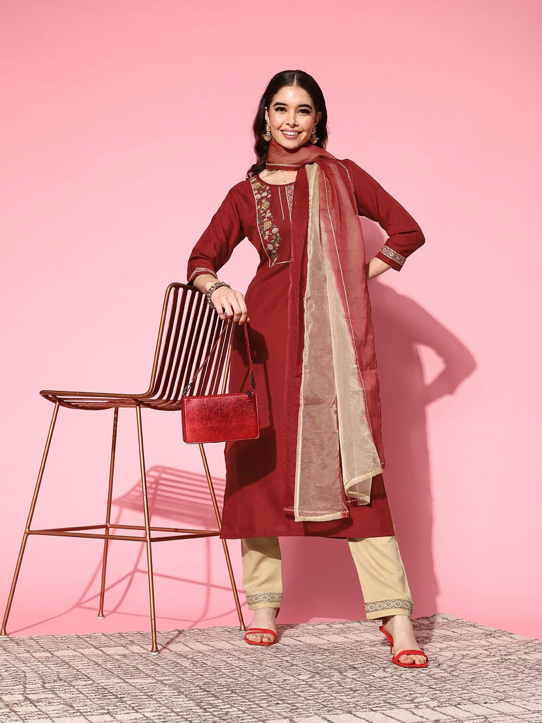 shewill red floral embroidered gotta patti kurta with trousers & with dupatta