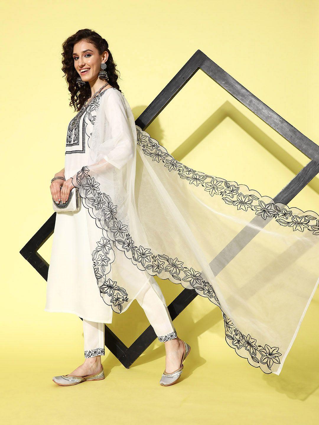 shewill white floral embroidered regular sequinned kurta with trousers & dupatta